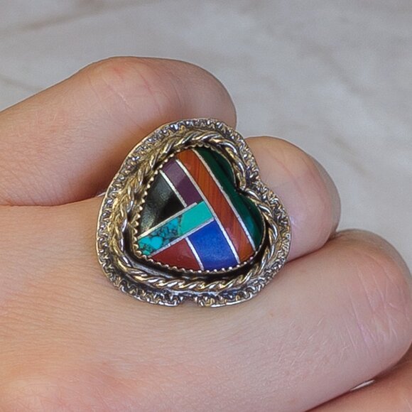 Sterling Silver Heart Inlay Ring with Turquoise, Lapis, Malachite – Size 7.75 - Picture 3 of 4